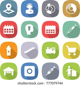 flat vector icon set - pointer vector, call center, circle diagram, calendar, bulb head, syringe, tower, stairs, train, cart, garage, ring button, garbage bin