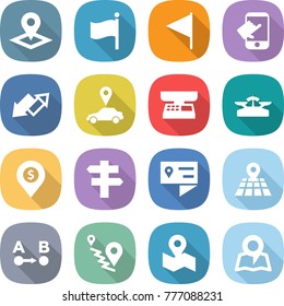 flat vector icon set - pointer vector, flag, touch, up down arrow, car, market scales, dollar pin, singlepost, location details, map, route a to b