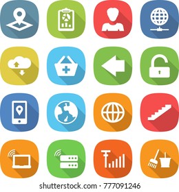 flat vector icon set - pointer vector, report, woman, globe connect, cloud service, add to basket, left arrow, unlock, mobile location, earth, stairs, laptop wifi, server, antenna signal