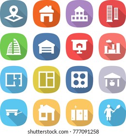 flat vector icon set - pointer vector, home, cottage, skyscrapers, skyscraper, garage, presentation, city, plan, window, hob, warehouse, trailer, house, clean, woman with duster
