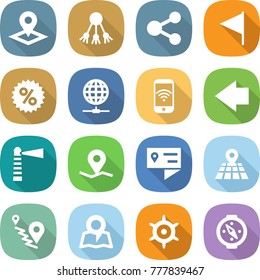 flat vector icon set - pointer vector, share, flag, percent, globe connect, phone wireless, left arrow, lighthouse, geo pin, location details, map, route, handwheel, compass