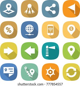 flat vector icon set - pointer vector, share, flag, percent, globe connect, phone wireless, dollar pin, right arrow, left, lighthouse, geo, location details, route, handwheel, reload