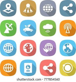 flat vector icon set - pointer vector, share, globe, satellite antenna, eco car, cloud wireless, delivery, earth, passport, orbit
