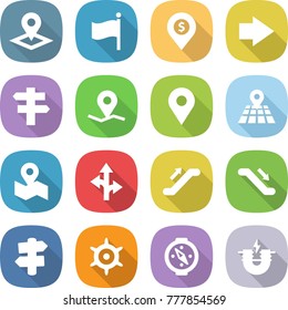 flat vector icon set - pointer vector, flag, dollar pin, right arrow, singlepost, geo, map, route, escalator, signpost, handwheel, compass, electric magnet