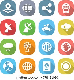 flat vector icon set - pointer vector, globe, share, notebook, satellite antenna, eco car, cloud service, wireless, earth, passport, orbit