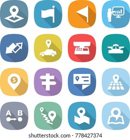 flat vector icon set - pointer vector, flag, presentation, up down arrow, car, market scales, dollar pin, singlepost, location details, map, route a to b