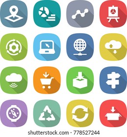 flat vector icon set - pointer vector, diagram, graph, presentation, around gear, notebook, globe connect, cloud service, wireless, add to cart, package, signpost, compass, recycle, reload