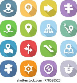 flat vector icon set - pointer vector, dollar pin, right arrow, singlepost, geo, map, route, escalator, signpost, handwheel, compass, electric magnet