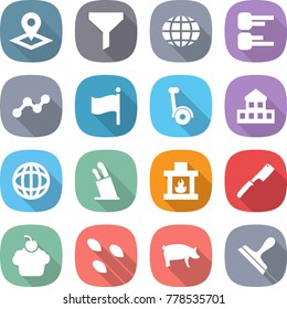 flat vector icon set - pointer vector, funnel, globe, diagram, graph, flag, gyroscooter, cottage, stands for knives, fireplace, chef knife, cupcake, seeds, pig, scraper
