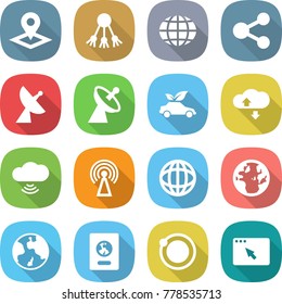 flat vector icon set - pointer vector, share, globe, satellite antenna, eco car, cloud service, wireless, earth, passport, orbit, browser window