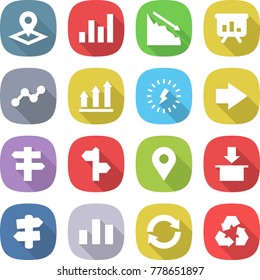 flat vector icon set - pointer vector, graph, crisis, presentation, up, lightning, right arrow, singlepost, signpost, geo pin, package, chart, reload, recycling