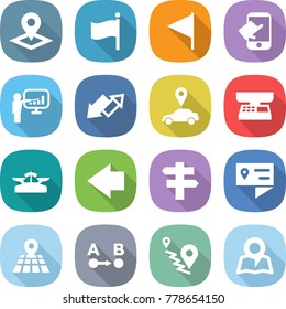 flat vector icon set - pointer vector, flag, touch, presentation, up down arrow, car, market scales, left, singlepost, location details, map, route a to b