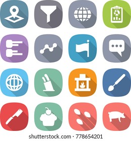 flat vector icon set - pointer vector, funnel, globe, report, diagram, graph, flag, message, stands for knives, fireplace, big spoon, chef knife, cupcake, seeds, pig