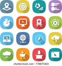 flat vector icon set - pointer vector, target, diagram, stopwatch, monitor arrow, presentation, around gear, notebook, globe connect, lightning, cloud service, wireless, add to cart, package