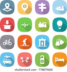 flat vector icon set - pointer vector, dollar pin, singlepost, sea shipping, package, plane, train, air balloon, bike, tourist, detector, flippers, transfer, palm hammock, do not disturb, bed