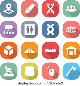 flat vector icon set - pointer vector, marker, dna, group, structure, wc, airport building, 3d, pyramid, level, warehouse, aquapark, cpu, wireless mouse, axe