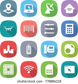 flat vector icon set - pointer vector, notebook, satellite antenna, wireless home, drone, bar code, equalizer, calculator, castle, remote control, intercome, atom core, cpu, sim card, browser window