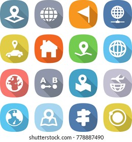 flat vector icon set - pointer vector, globe, flag, connect, car, home, geo pin, route a to b, map, plane shipping, earth, signpost, orbit