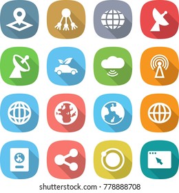 flat vector icon set - pointer vector, share, globe, satellite antenna, eco car, cloud wireless, earth, passport, orbit, browser window