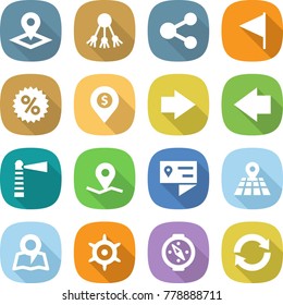 flat vector icon set - pointer vector, share, flag, percent, dollar pin, right arrow, left, lighthouse, geo, location details, map, handwheel, compass, reload