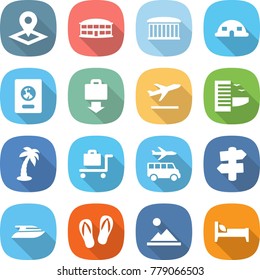 flat vector icon set - pointer vector, airport building, dome house, passport, baggage get, departure, hotel, palm, trolley, transfer, signpost, yacht, flip flops, landscape, bed