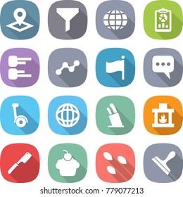 flat vector icon set - pointer vector, funnel, globe, report, diagram, graph, flag, message, gyroscooter, stands for knives, fireplace, chef knife, cupcake, seeds, scraper