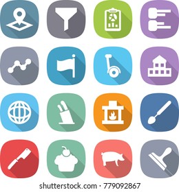 flat vector icon set - pointer vector, funnel, report, diagram, graph, flag, gyroscooter, cottage, globe, stands for knives, fireplace, big spoon, chef knife, cupcake, pig, scraper