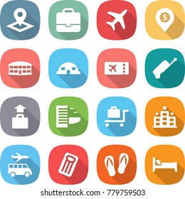 flat vector icon set - pointer vector, portfolio, plane, dollar pin, airport building, dome house, ticket, suitcase, baggage, hotel, trolley, transfer, inflatable mattress, flip flops, bed