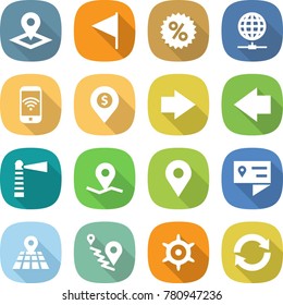flat vector icon set - pointer vector, flag, percent, globe connect, phone wireless, dollar pin, right arrow, left, lighthouse, geo, location details, map, route, handwheel, reload