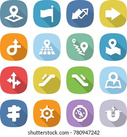 flat vector icon set - pointer vector, flag, up down arrow, right, trip, map, route, escalator, signpost, handwheel, compass, electric magnet