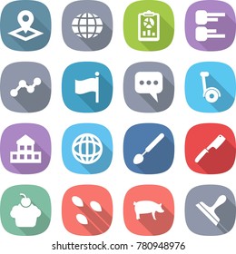 flat vector icon set - pointer vector, globe, report, diagram, graph, flag, message, gyroscooter, cottage, big spoon, chef knife, cupcake, seeds, pig, scraper