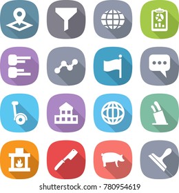 flat vector icon set - pointer vector, funnel, globe, report, diagram, graph, flag, message, gyroscooter, cottage, stands for knives, fireplace, chef knife, pig, scraper