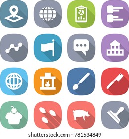 flat vector icon set - pointer vector, globe, report, diagram, graph, flag, message, cottage, fireplace, big spoon, chef knife, cupcake, seeds, pig, scraper
