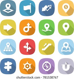 flat vector icon set - pointer vector, flag, up down arrow, dollar pin, right, trip, geo, map, route, escalator, signpost, handwheel, compass, electric magnet