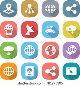 flat vector icon set - pointer vector, share, globe, notebook, satellite antenna, eco car, cloud service, wireless, delivery, passport, browser window