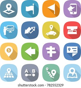 flat vector icon set - pointer vector, flag, touch, presentation, up down arrow, car, market scales, dollar pin, left, singlepost, location details, map, route a to b
