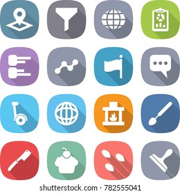 flat vector icon set - pointer vector, funnel, globe, report, diagram, graph, flag, message, gyroscooter, fireplace, big spoon, chef knife, cupcake, seeds, scraper