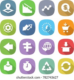 flat vector icon set - pointer vector, crisis, graph, dollar arrow, around gear, up down, lightning, add to cart, left, singlepost, delivery, package, stopwatch, recycle, reload