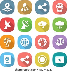 flat vector icon set - pointer vector, share, notebook globe, satellite antenna, cloud service, wireless, delivery, passport, orbit, browser window