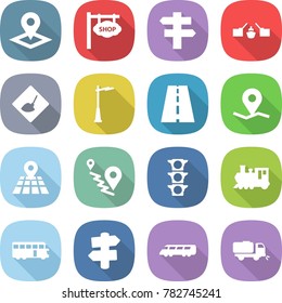 flat vector icon set - pointer vector, shop signboard, singlepost, drawbridge, under construction, outdoor light, road, geo pin, map, route, traffic, train, bus, signpost, speed, sweeper