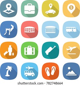 flat vector icon set - pointer vector, portfolio, car, dollar pin, greate wall, airport building, bus, passenger, suitcase, departure, palm, transfer, flip flops, landscape