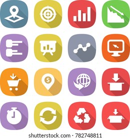 flat vector icon set - pointer vector, target, graph, crisis, diagram, presentation, monitor arrow, add to cart, dollar pin, delivery, package, stopwatch, reload, recycling