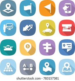 flat vector icon set - pointer vector, flag, touch, presentation, up down arrow, car, market scales, dollar pin, singlepost, location details, map, route a to b