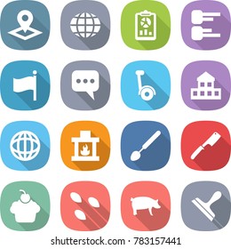 flat vector icon set - pointer vector, globe, report, diagram, flag, message, gyroscooter, cottage, fireplace, big spoon, chef knife, cupcake, seeds, pig, scraper