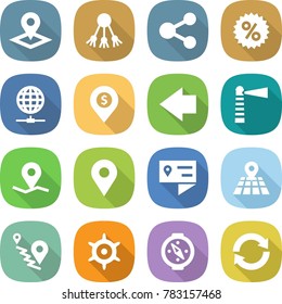flat vector icon set - pointer vector, share, percent, globe connect, dollar pin, left arrow, lighthouse, geo, location details, map, route, handwheel, compass, reload