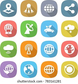 flat vector icon set - pointer vector, share, globe, notebook, satellite antenna, eco car, cloud service, wireless, delivery, earth, orbit