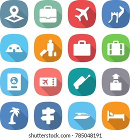 flat vector icon set - pointer vector, portfolio, plane, greate wall, dome house, passenger, suitcase, passport, ticket, baggage, palm, signpost, yacht, bed