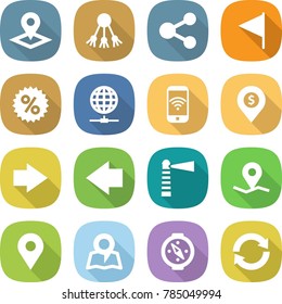 flat vector icon set - pointer vector, share, flag, percent, globe connect, phone wireless, dollar pin, right arrow, left, lighthouse, geo, map, compass, reload