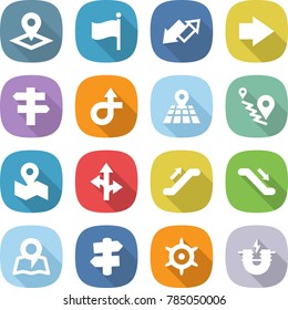 flat vector icon set - pointer vector, flag, up down arrow, right, singlepost, trip, map, route, escalator, signpost, handwheel, electric magnet