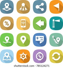 flat vector icon set - pointer vector, share, flag, percent, phone wireless, left arrow, lighthouse, geo pin, location details, route, map, handwheel, compass, reload